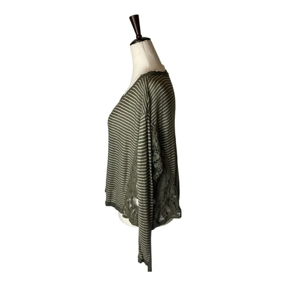 Free People Olive Green Stripe Crochet Sides Linen Blend Long Sleeve Top Size XS
